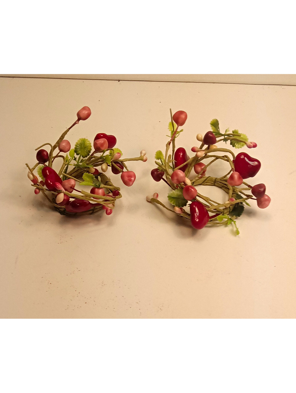 2-Pack Heart Berry Vine Candle Rings, Red Pink Green, Plastic/Wire, Valentines